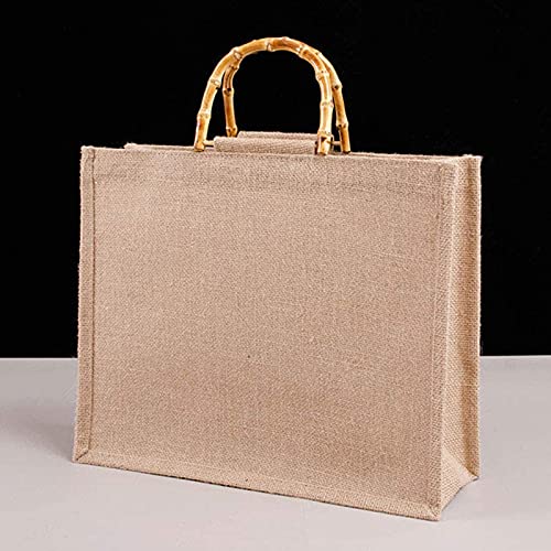 Everpert Bolsa de Arpillera con Asas, Bolsa Compra Yute, Asas de Bambú para Bolso, Bolsa de Regalo Mediana, Bolsa de la Compra Reutilizable y Plegable, Ideal para Playa, Reuniones, Bodas (39*31*15cm)