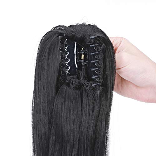 Extensiones de Clip de Pelo Natural Coleta Postiza Extensiones de Cabello Ondulada Lisa a Onda Pequeña Ponytail Largo Claw Hair Extension Cola 55.5cm Negro oscuro