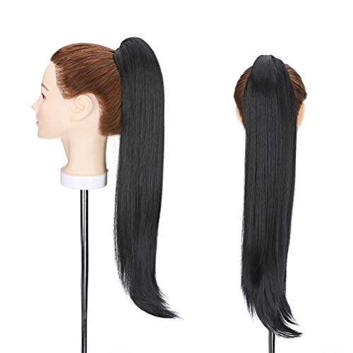 Extensiones de Clip de Pelo Natural Coleta Postiza Extensiones de Cabello Ondulada Lisa a Onda Pequeña Ponytail Largo Claw Hair Extension Cola 55.5cm Negro oscuro