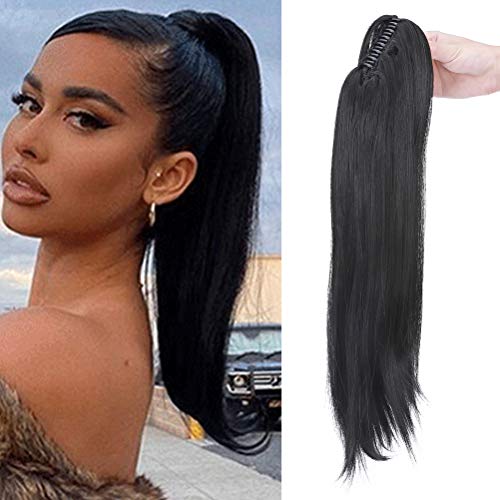 Extensiones de Clip de Pelo Natural Coleta Postiza Extensiones de Cabello Ondulada Lisa a Onda Pequeña Ponytail Largo Claw Hair Extension Cola 55.5cm Negro oscuro