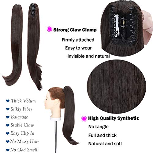 Extensiones de Clip de Pelo Natural Coleta Postiza Extensiones de Cabello Ondulada Lisa a Onda Pequeña Ponytail Largo Claw Hair Extension Cola 55.5cm Negro oscuro