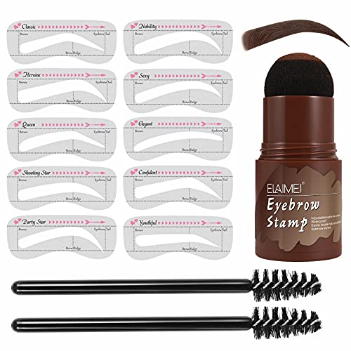 EyeBrow Stamp Kit Waterproof | One Step Eyebrow Stamp Shaping Kit | Eyebrow Stamp Stencil Kit | Eyebrow Stamp Makeup Tools with 10 Reusable Eyebrow Stencils, 2 Eyebrow Pen Brushes (Dark Brown)