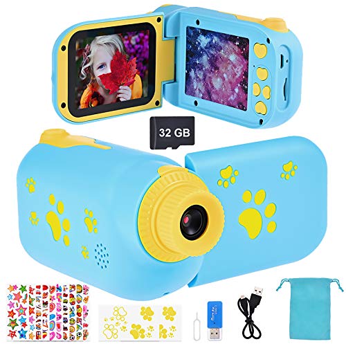 Faburo Cámara para niños para niños y niños, cámara de vídeo digital, cámara de juguete recargable de 2.4 pulgadas, tarjeta de memoria 32G, 1080P 12MP grabadora de vídeo para niños (azul)