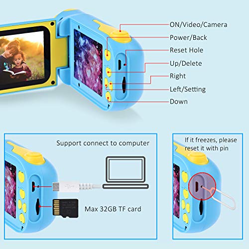 Faburo Cámara para niños para niños y niños, cámara de vídeo digital, cámara de juguete recargable de 2.4 pulgadas, tarjeta de memoria 32G, 1080P 12MP grabadora de vídeo para niños (azul)