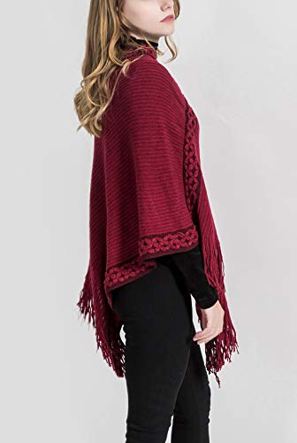 FEOYA Poncho para Mujer Chaqueta Chal Escote Bordado Flores Flecos Diseño Envolvente Elegante Regalo Navidad 86 * 80cm Rojo