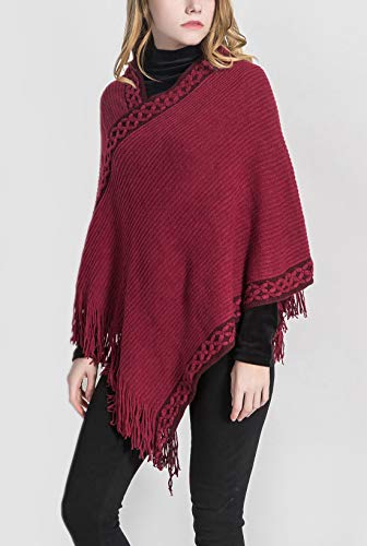 FEOYA Poncho para Mujer Chaqueta Chal Escote Bordado Flores Flecos Diseño Envolvente Elegante Regalo Navidad 86 * 80cm Rojo