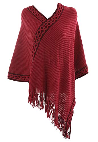 FEOYA Poncho para Mujer Chaqueta Chal Escote Bordado Flores Flecos Diseño Envolvente Elegante Regalo Navidad 86 * 80cm Rojo