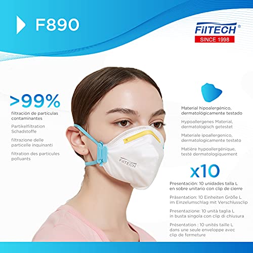 Filtech Mascarillas FFP3 F890 | CALIDAD HOSPITALARIA | Certificado Europeo CE 2163 | Homologada | 6 Capas de protección | >99% Filtración | NR Desechables | Blancas (x10 L)