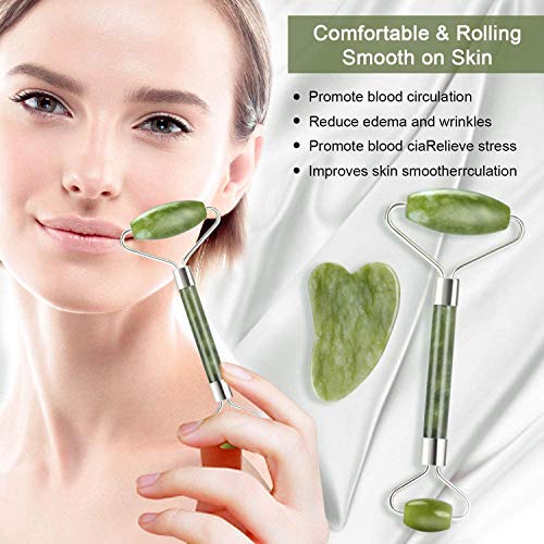 FINEVERNEK Rodillo De Jade, Facial Masaje Piedra Gua Sha Jade,Jade Roller Facial, Masajeador Roller Tools Anti Aging, Jade Roller Facial, Gua Sha para Cara, Cuerpo, Ojos, Cuello (2pcs)