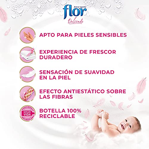 Flor Original Delicado, Suavizante para la Ropa concentrado, Apto para pieles sensibles - Pack De 8, Hasta 640 Dosis