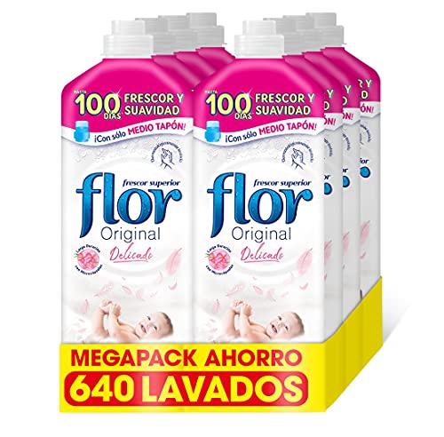 Flor Original Delicado, Suavizante para la Ropa concentrado, Apto para pieles sensibles - Pack De 8, Hasta 640 Dosis