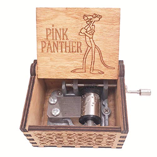 FnLy Caja de música de madera grabada con diseño de Pantera Rosa con 18 notas, diseño antiguo tallado, caja musical pequeña, color marrón