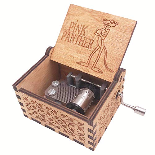 FnLy Caja de música de madera grabada con diseño de Pantera Rosa con 18 notas, diseño antiguo tallado, caja musical pequeña, color marrón