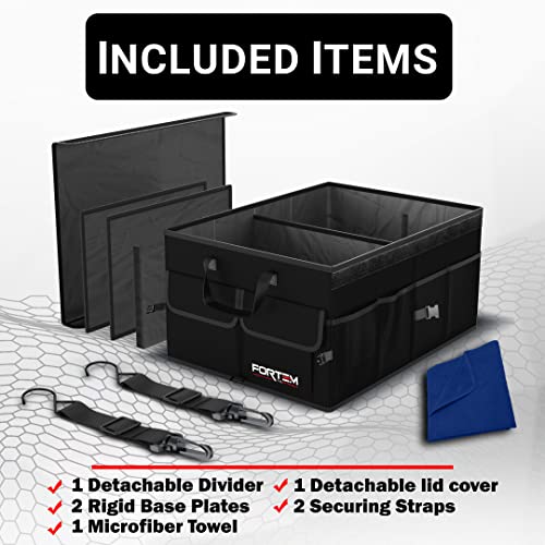 FORTEM Organizador de Maletero para Coche, Caja de Almacenamiento Plegable con Compartimentos, Base Antideslizante, Correas, Bolsillos (Estándar, Negro)