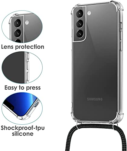 Funda con Cuerda Compatible con Samsung Galaxy S21 FE 5G, Transparente Silicona Carcasa con Colgante para Samsung S21 FE 5G, E-Lush Suave TPU Case con Correa Collar Protector Case Menta Verde