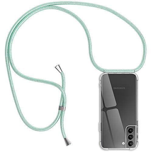 Funda con Cuerda Compatible con Samsung Galaxy S21 FE 5G, Transparente Silicona Carcasa con Colgante para Samsung S21 FE 5G, E-Lush Suave TPU Case con Correa Collar Protector Case Menta Verde