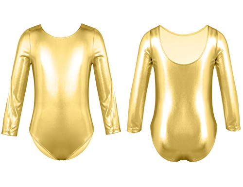 furein Maillot de Danza Ballet Gimnasia Leotardo Body Clásico Brillante Elástico para Niñas de Manga Larga Cuello Redondo (2 años, Oro)