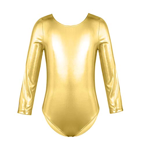 furein Maillot de Danza Ballet Gimnasia Leotardo Body Clásico Brillante Elástico para Niñas de Manga Larga Cuello Redondo (2 años, Oro)