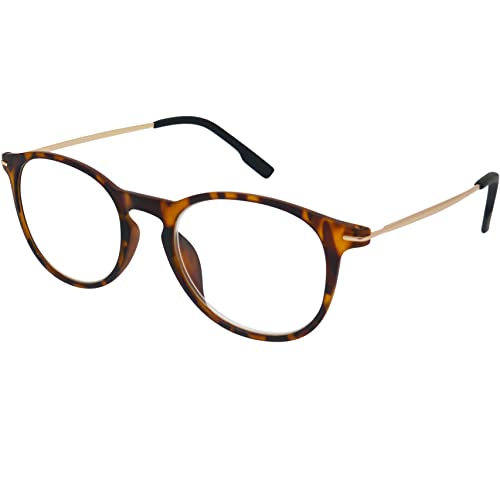 Gafas de Lectura con Grandes Lentes Redondas - Estuche GRATIS, Montura de plástico (Tortoise Marrón) con patillas de Acero Inoxidable, Gafas Mujer y Hombre +1.0 dioptrías