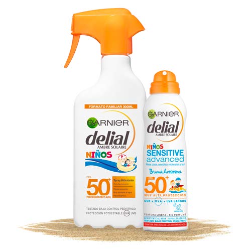 Garnier Delial Kit de Protección Solar Niños: Spray IP50+ y Bruma Solar Anti Arena IP50+ - Spray 300 ml, Bruma Solar 200 ml