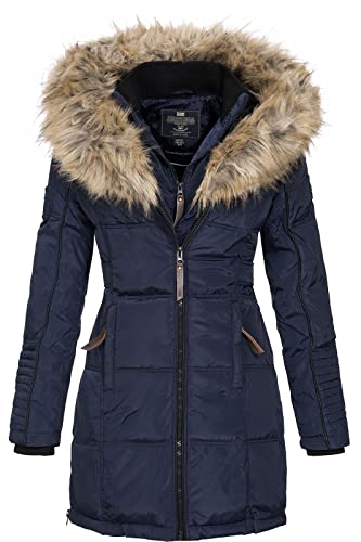 Geographical Norway BEAUTIFUL LADY - Parka cálida mujer - Abrigo grueso capucha de piel falsa - Chaqueta de invierno - Chaqueta larga con forro cálido - Regalo para mujer Moda casual (Azul marino S)