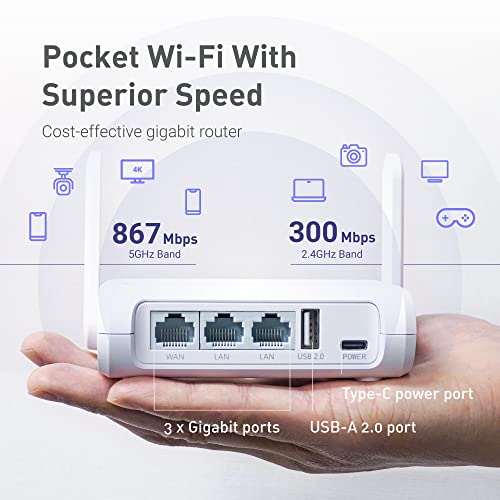 GL.iNet GL-SFT1200 (Opal) VPN Travel Gigabit Wireless Router, AC1200 300 Mbps (2,4 GHz)+867 Mbps (5 GHz) Wi-Fi, Punto de Acceso de Bolsillo, Puertos Gigabit, MicroSD, USB 2.0 para repetidor Wi-Fi