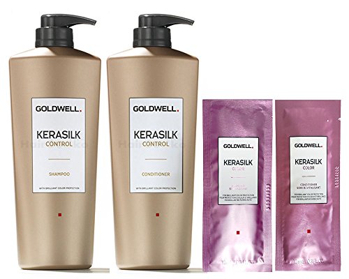 Goldwell Kerasilk Control Set – Champú 1 L + acondicionador 1 L + 2 bolsitas de color