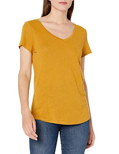 Goodthreads Linen Modal Jersey V-Neck Short-Sleeve T-Shirt Camisa, Tabaco seco, S