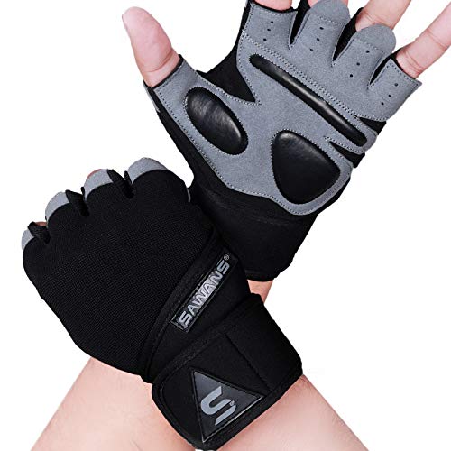 Guantes de gimnasio entrenamiento de levantamiento de pesas hombre y mujere soporte muñeca acolchado extra agarre protección ejercicio colgar dominada transpirable (correa de muñeca larga, XL)