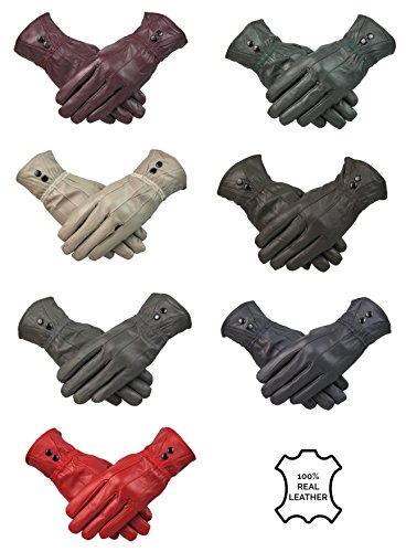 Guantes de piel con forro polar para mujer, 100% con botón, cálidos, para invierno Rojo rojo (Maroon) 90