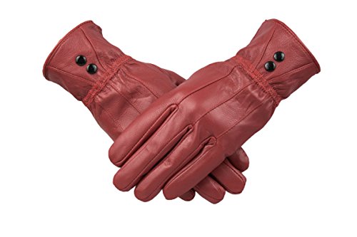 Guantes de piel con forro polar para mujer, 100% con botón, cálidos, para invierno Rojo rojo (Maroon) 90