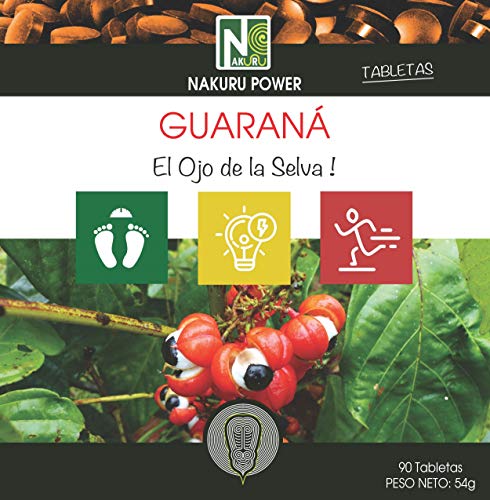 Guaraná/NAKURU Power/Polvo Orgánico Secado y Comprimido en Frío/Analizado y Acondicionado en Francia /"El Ojo de la Selva!" (90 Tabletas de 600mg / Peso Neto: 54g / Dorado)