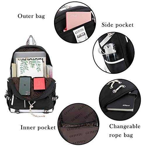 GUIVITU Mochilas Escolares Niñas Bolsa Escolar Juveniles Kawaii niño Mochila para el Colegio Bolsa Mochila Mujer Casual Oxford Impermeable Bolsa Negra Backpackcon Bolsa de Almuerzo