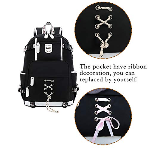 GUIVITU Mochilas Escolares Niñas Bolsa Escolar Juveniles Kawaii niño Mochila para el Colegio Bolsa Mochila Mujer Casual Oxford Impermeable Bolsa Negra Backpackcon Bolsa de Almuerzo