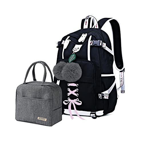 GUIVITU Mochilas Escolares Niñas Bolsa Escolar Juveniles Kawaii niño Mochila para el Colegio Bolsa Mochila Mujer Casual Oxford Impermeable Bolsa Negra Backpackcon Bolsa de Almuerzo