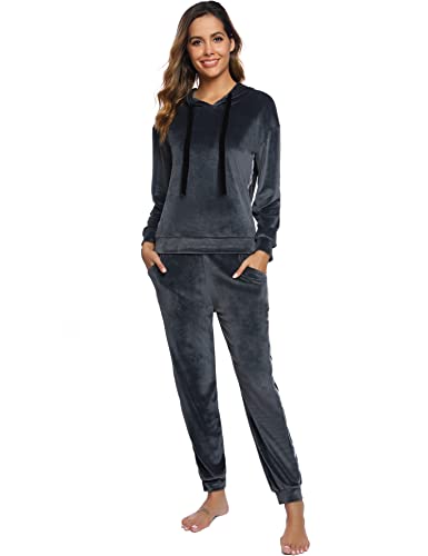 Gyabnw Conjunto Chándal de Terciopelo Mujer Conjunto Deportivo de 2 Piezas Conjuntos de Sudadera con Capucha y Pantalón Largo Pijamas Suave de Terciopelo Mujer para Primavera Otoño Invierno, Gris, XL