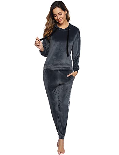 Gyabnw Conjunto Chándal de Terciopelo Mujer Conjunto Deportivo de 2 Piezas Conjuntos de Sudadera con Capucha y Pantalón Largo Pijamas Suave de Terciopelo Mujer para Primavera Otoño Invierno, Gris, XL