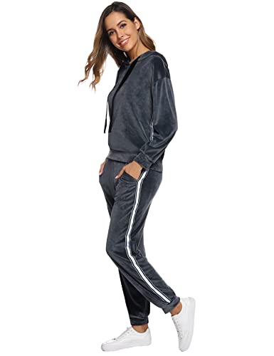 Gyabnw Conjunto Chándal de Terciopelo Mujer Conjunto Deportivo de 2 Piezas Conjuntos de Sudadera con Capucha y Pantalón Largo Pijamas Suave de Terciopelo Mujer para Primavera Otoño Invierno, Gris, XL