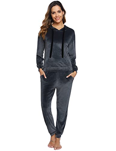 Gyabnw Conjunto Chándal de Terciopelo Mujer Conjunto Deportivo de 2 Piezas Conjuntos de Sudadera con Capucha y Pantalón Largo Pijamas Suave de Terciopelo Mujer para Primavera Otoño Invierno, Gris, XL