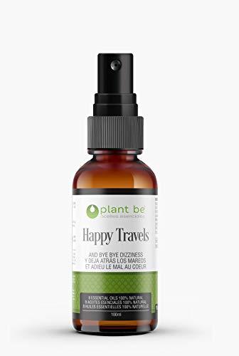 Happy Travels, primer espray Ambientador Antimareo Coche con 8 Aceites Esenciales 100% natural para evitar mareos de toda la familia, con un Perfume Fresco para Disfrutar de todos tus Viajes.