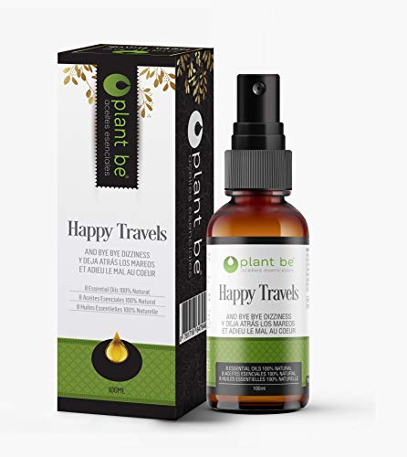 Happy Travels, primer espray Ambientador Antimareo Coche con 8 Aceites Esenciales 100% natural para evitar mareos de toda la familia, con un Perfume Fresco para Disfrutar de todos tus Viajes.