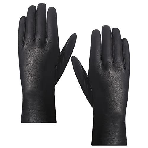 Harssidanzar Mujer Guantes Italianos De Cuero De Piel De Cordero De Lujo Con Forro Polar, Negro, L