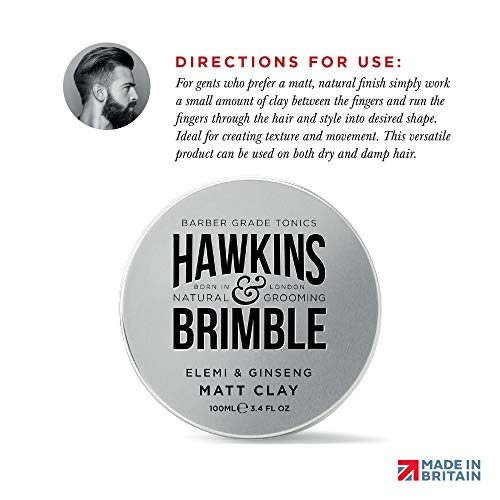 Hawkins & Brimble Matt Clay 100 ml/3.5 fl oz – Estilo de cabello mate no grasoso para hombres suaviza las reparaciones permite remodelar | Nuestro aclamado aroma sutil firma