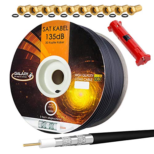 HB-DIGITAL Cable de antena coaxial satelital de cobre puro de 135dB Uhd 4K incluido (conector F 10X chapado en oro) 100m + Decapantes Negro