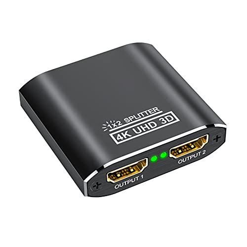 HDMI Splitter 4K Duplicador HDMI 1x2, Aluminio Splitter HDMI 1 Entrada y 2 Salidas Soporta 4K, 3D, UHD, 1080P, HDCP para Xbox, PS4, PS3, BLU-Ray Player, HDTV, DVD, DVR and Apple TV