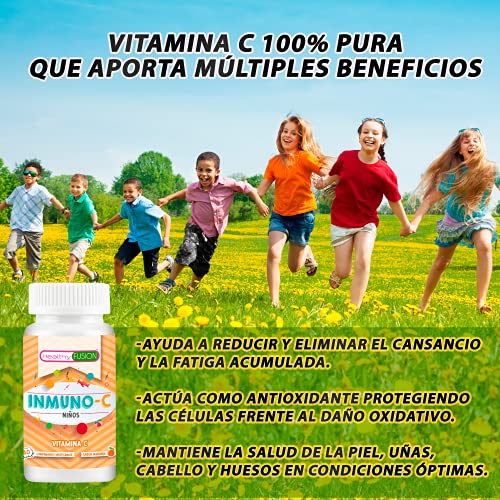 Healthy Fusion Vitamina C Pura para Niños, Mantiene las Defensas Fuertes, Cuida el Sistema Inmunológico y Protege la Piel, Deliciosos Comprimidos Masticables Blanco, Sabor a Naranja, 60 Unidades