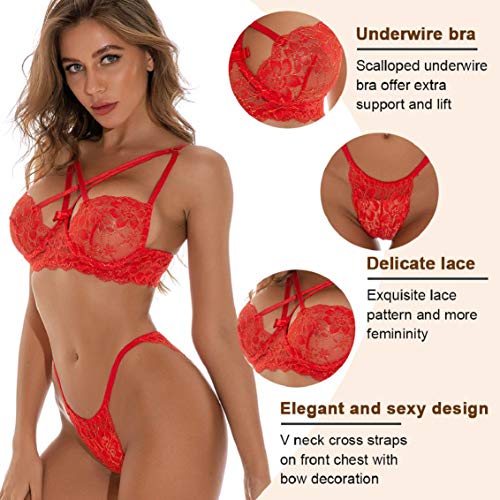 heekpek Conjunto Lencería Sexy Correas Cruzadas Encaje Transparente Sujetadores y Tanga Ropa de Dormir Mujeres de Encaje Conjunto Sexy Push Up Lencería Sexy Ropa Interior (Rojo, M)