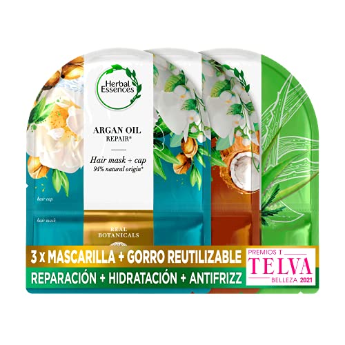 Herbal Essences Mascarilla Pelo Pack + Gorro De Ducha Reutilizable, Mascarilla Paraiso de Hidratación, Mascarilla Doma el Encrespamiento