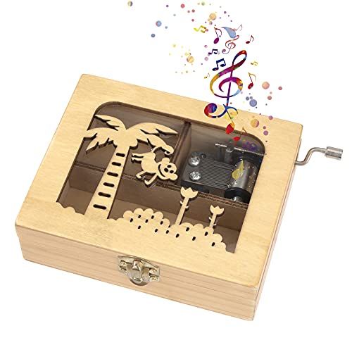 Heveer Caja de Música de Manivela de Madera Caja Musical Caja de Maquillaje Joyería Tallada a Mano del Tema Retro Mejor Regalo para Niños Niñas, Patrón de Mono