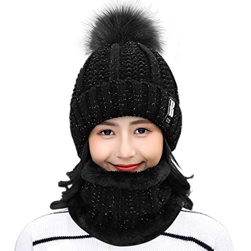 HIDARLING Gorro de invierno y bufanda circular para mujer, gorro de punto cálido con pompón de piel sintética y forro polar, sombreros de deportes al aire libre